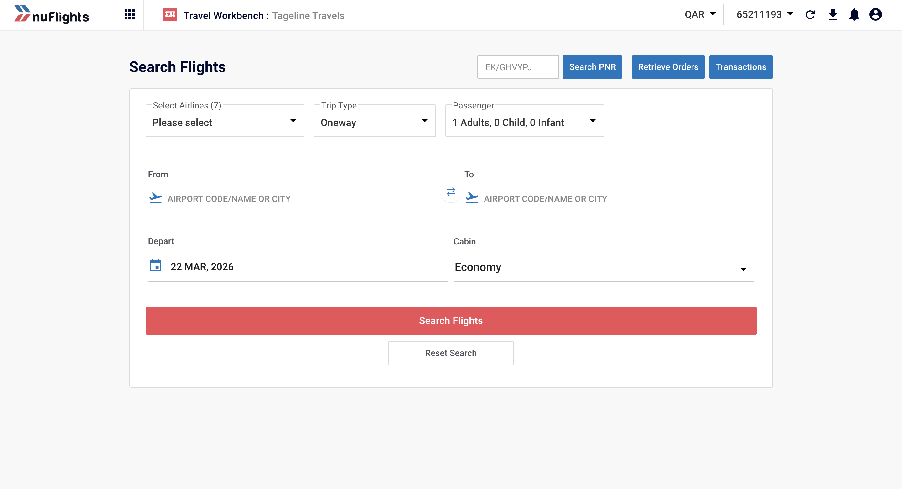 Search Flights screen showing the Search PNR field and Retrieve Orders button