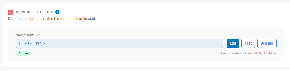Saved formula in a read-only field with an Active badge and Edit, Test and Discard buttons