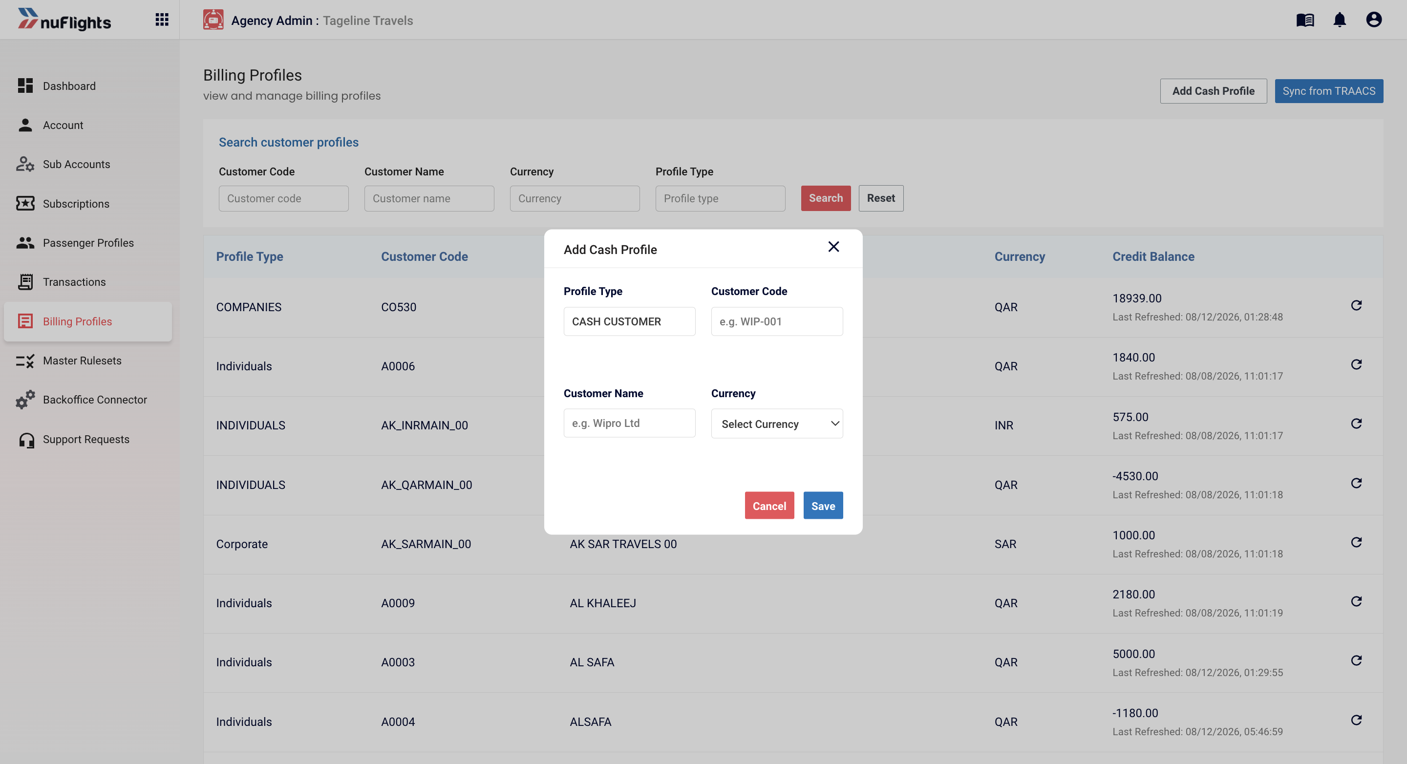 Add Cash Profile dialog with Profile Type, Customer Code, Customer Name and Currency