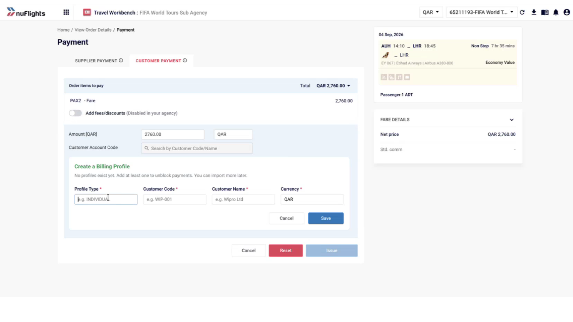 Form for adding a new billing profile from the Payment page