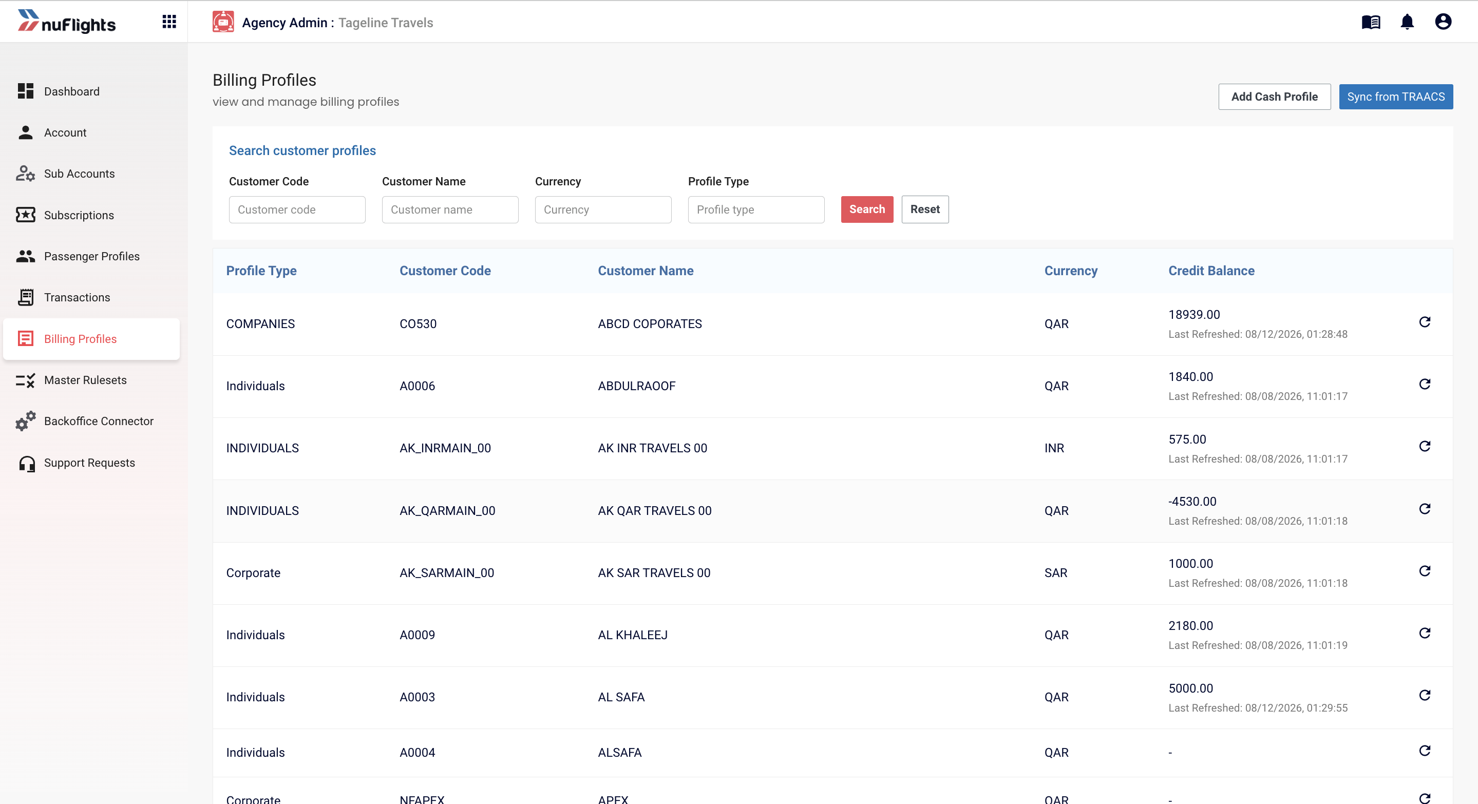 Billing Profiles page in Agency Admin with the table of customer profiles