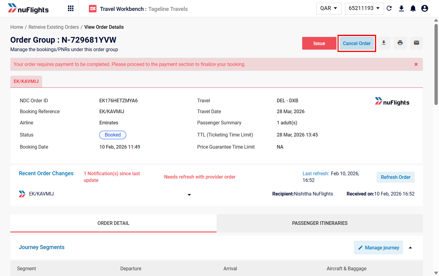 The 'Cancel Order' button on the Order Details page