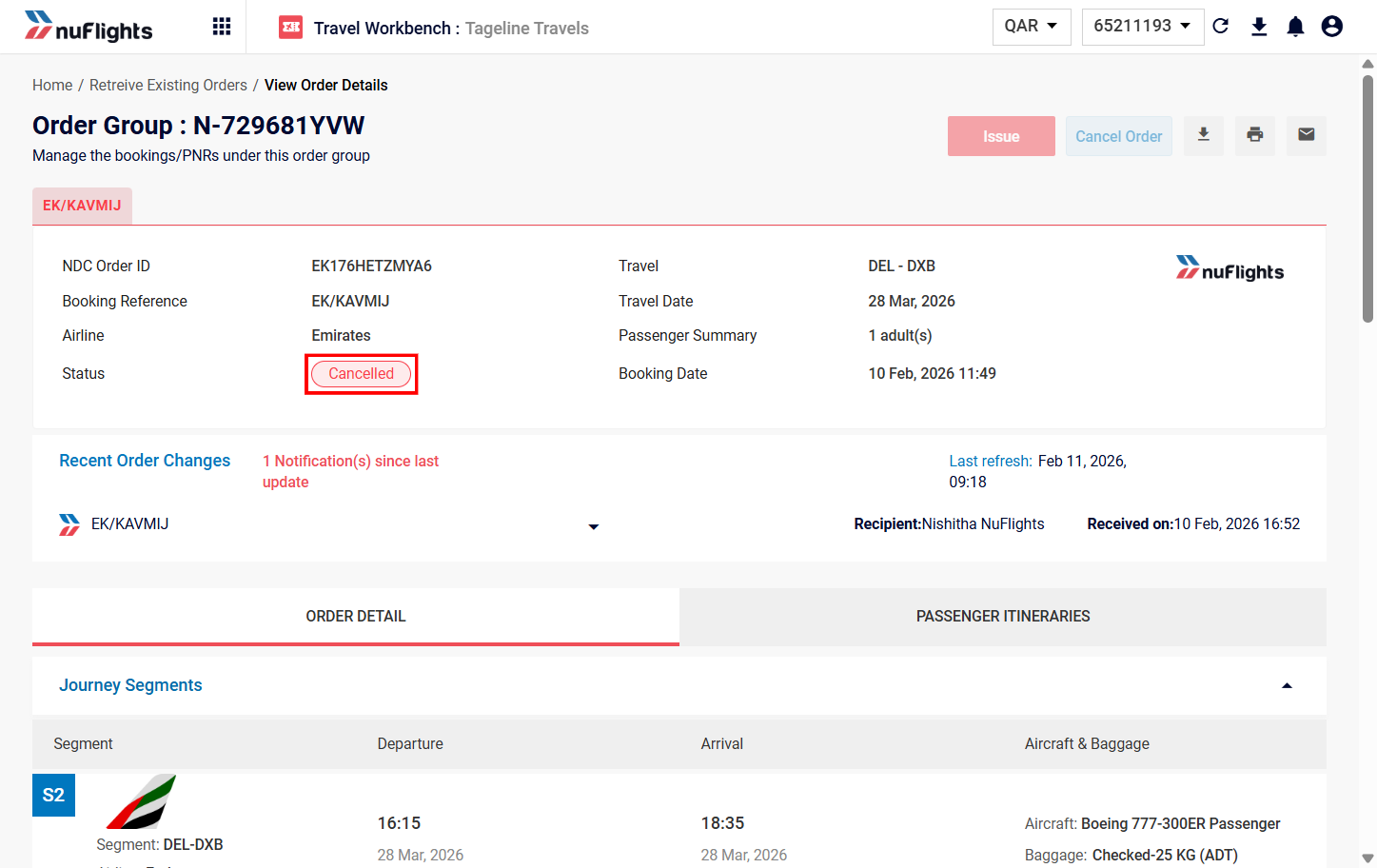 Detailed view showing the Order Status updated to 'Cancelled'
