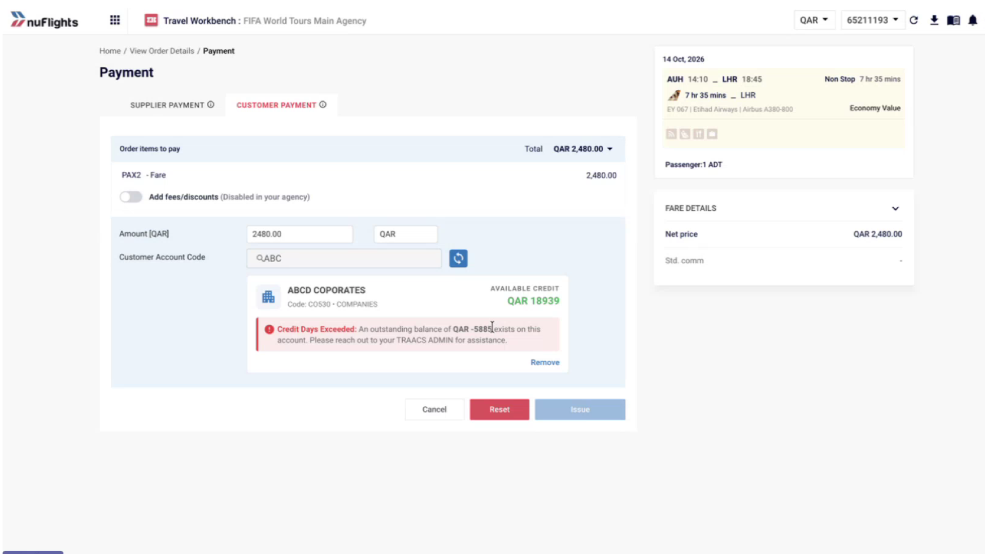 Red message saying credit days are exceeded and an outstanding balance exists