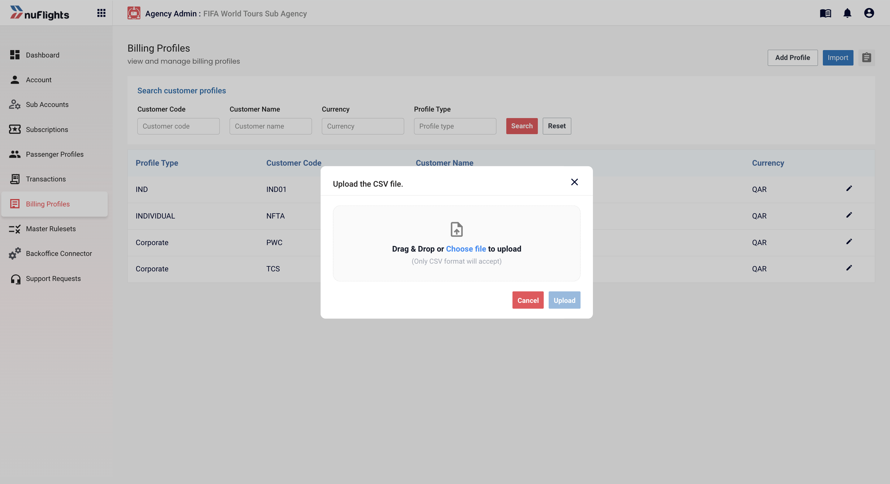 Download CSV Template and Import buttons on the Billing Profiles page
