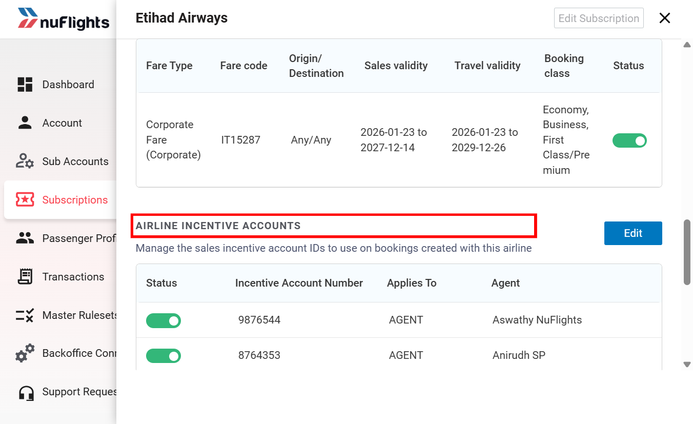 Configuring Incentive Account Number in Agency Admin Subscriptions