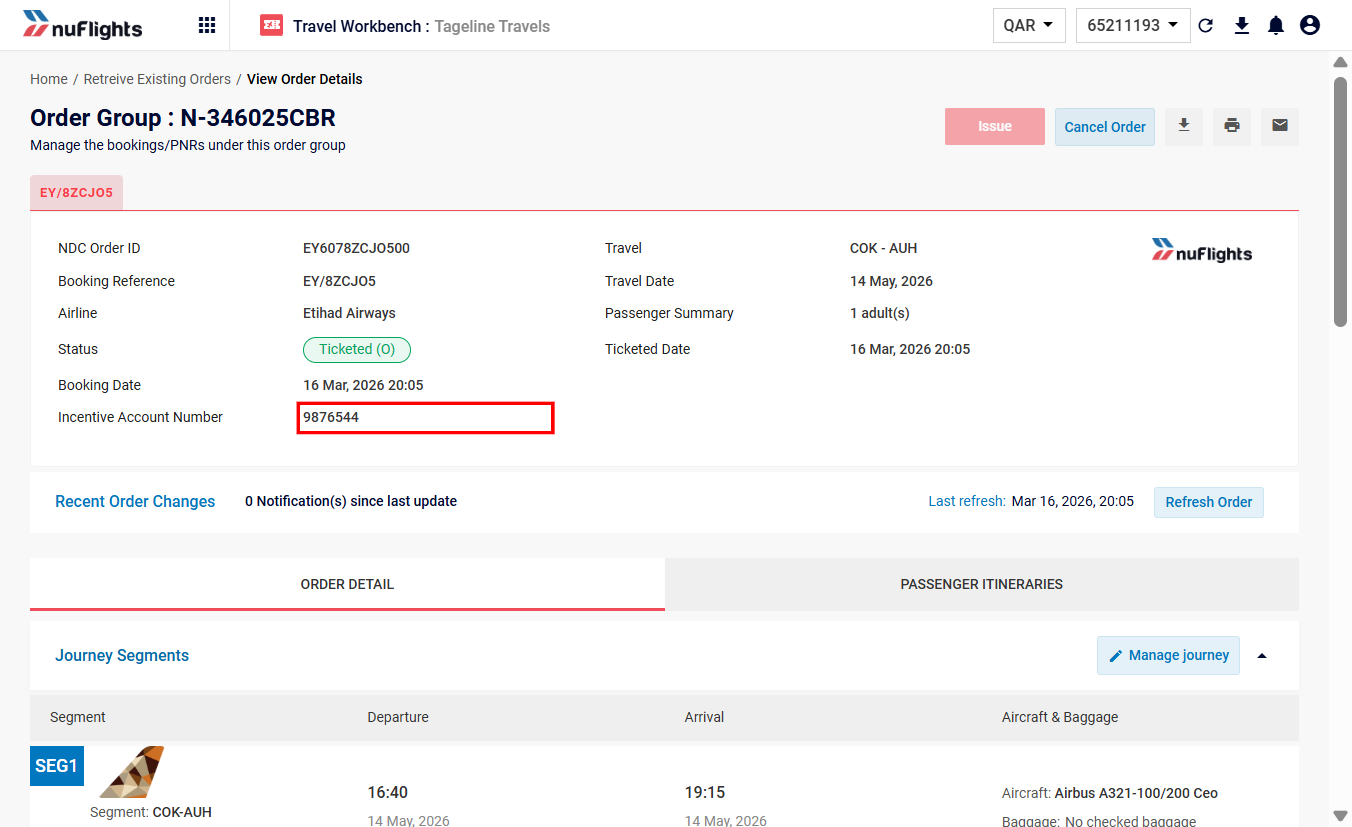 Order View displaying the configured Incentive Account Number