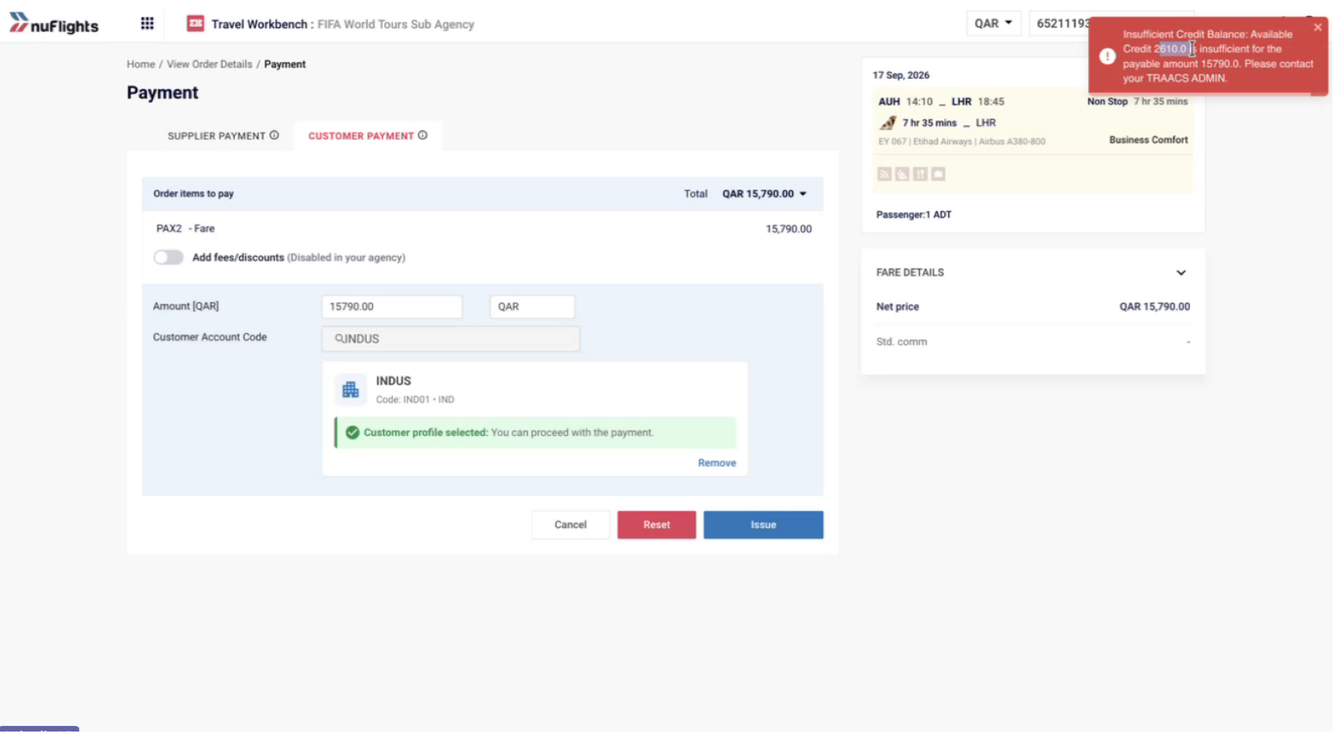 Pop-up showing the available balance and the payable amount
