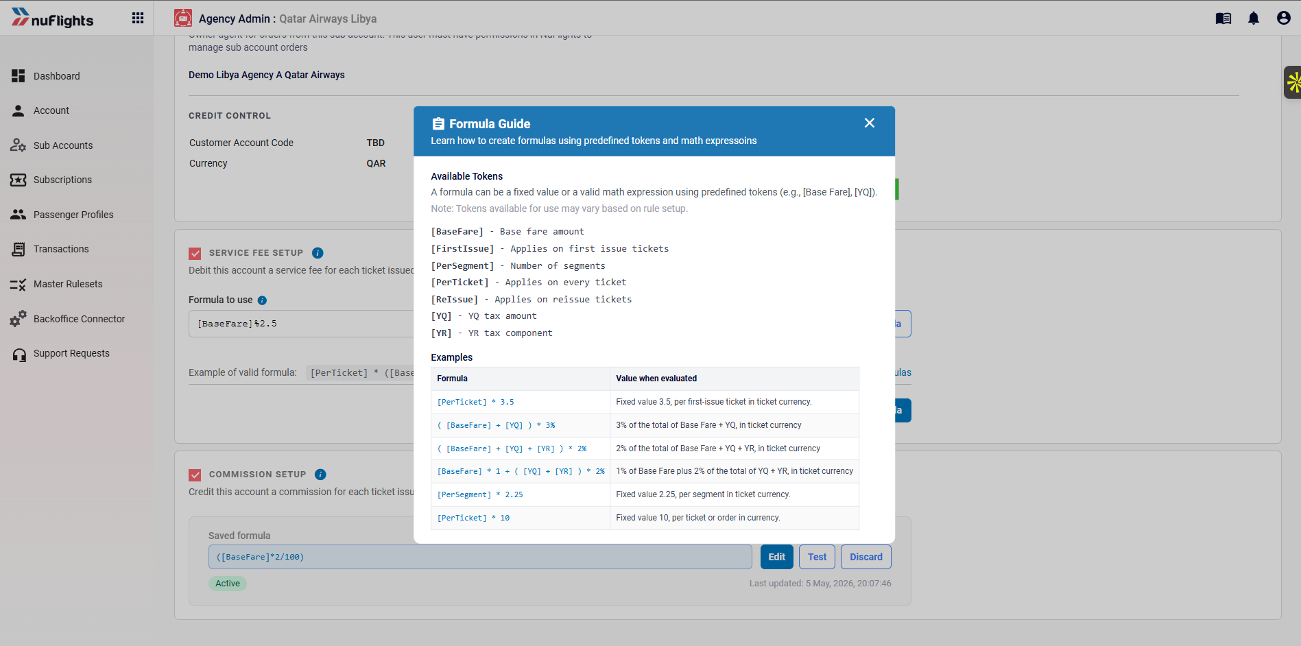 Formula Guide pop-up listing the available tokens and example formulas