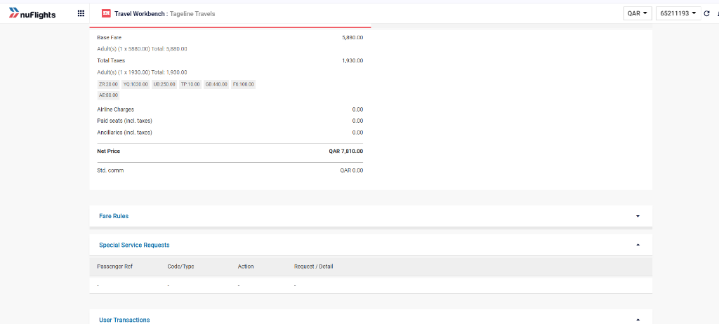 Order View showing fare rules and special service requests