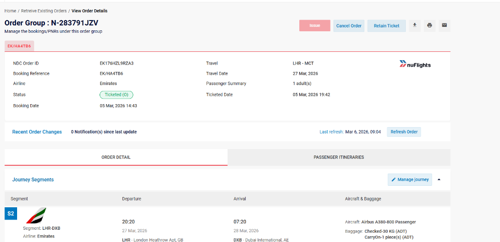 Order View showing booking summary and journey segments