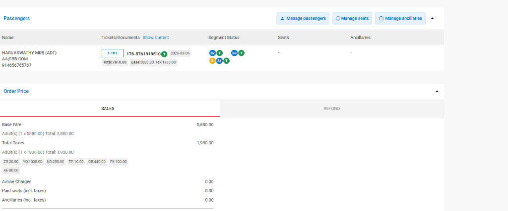 Order View showing passenger details and order pricing