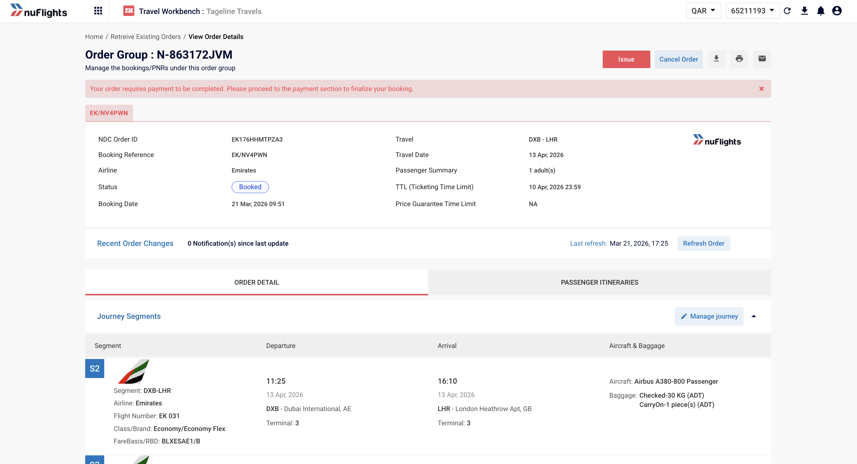 Order View with Payment Warning Banner