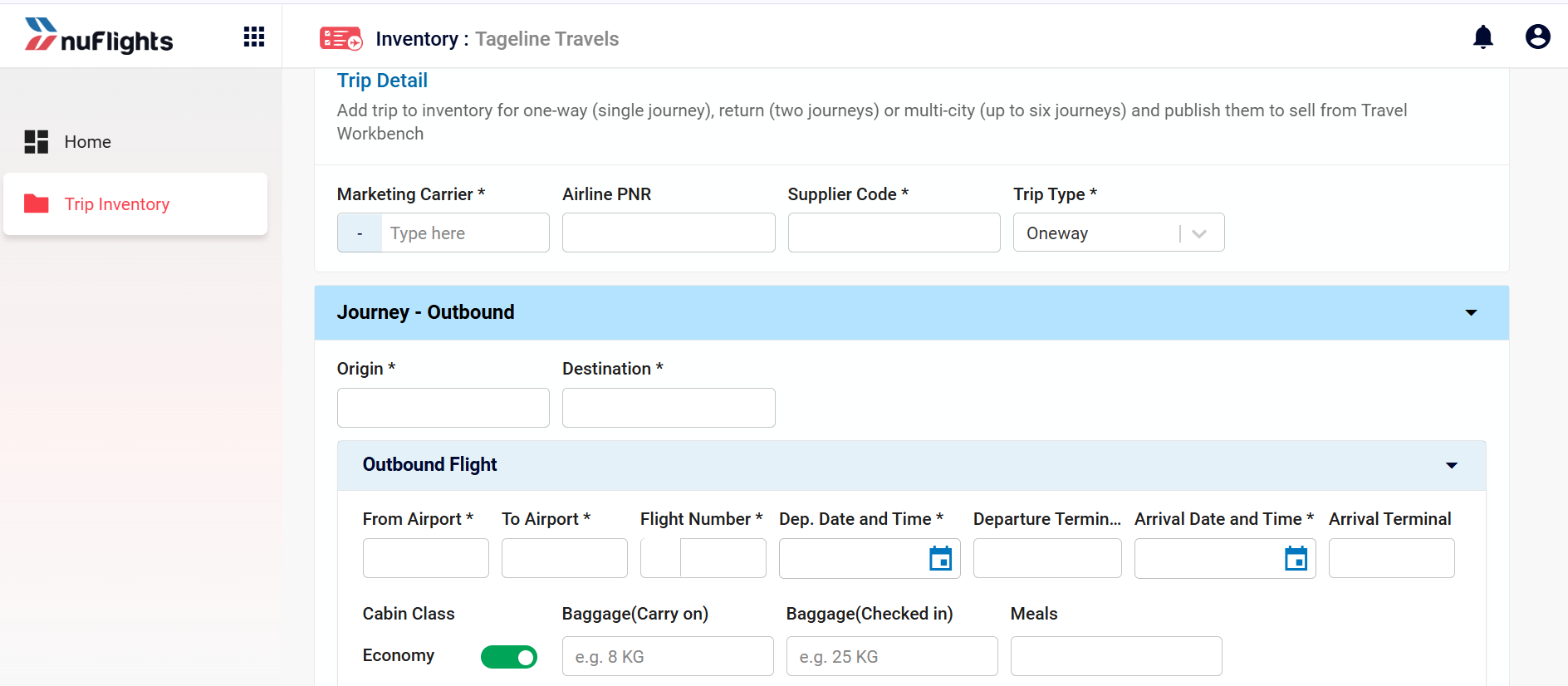 New Trip Form – Trip Detail and Journey Outbound