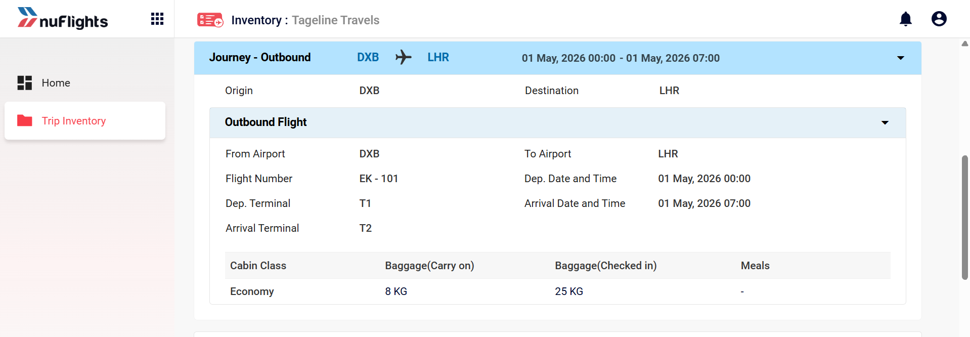 Inventory Detail – Outbound Flight Details