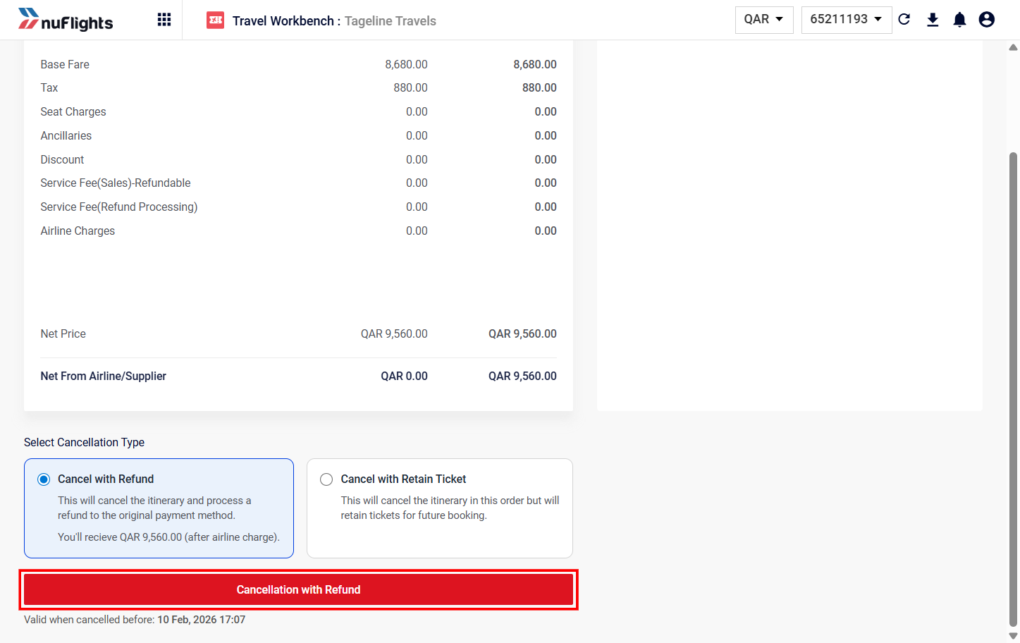 Selecting Cancel with Refund