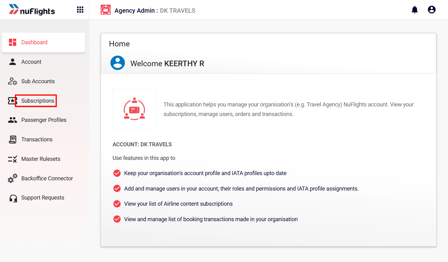Dashboard Subscriptions Navigation