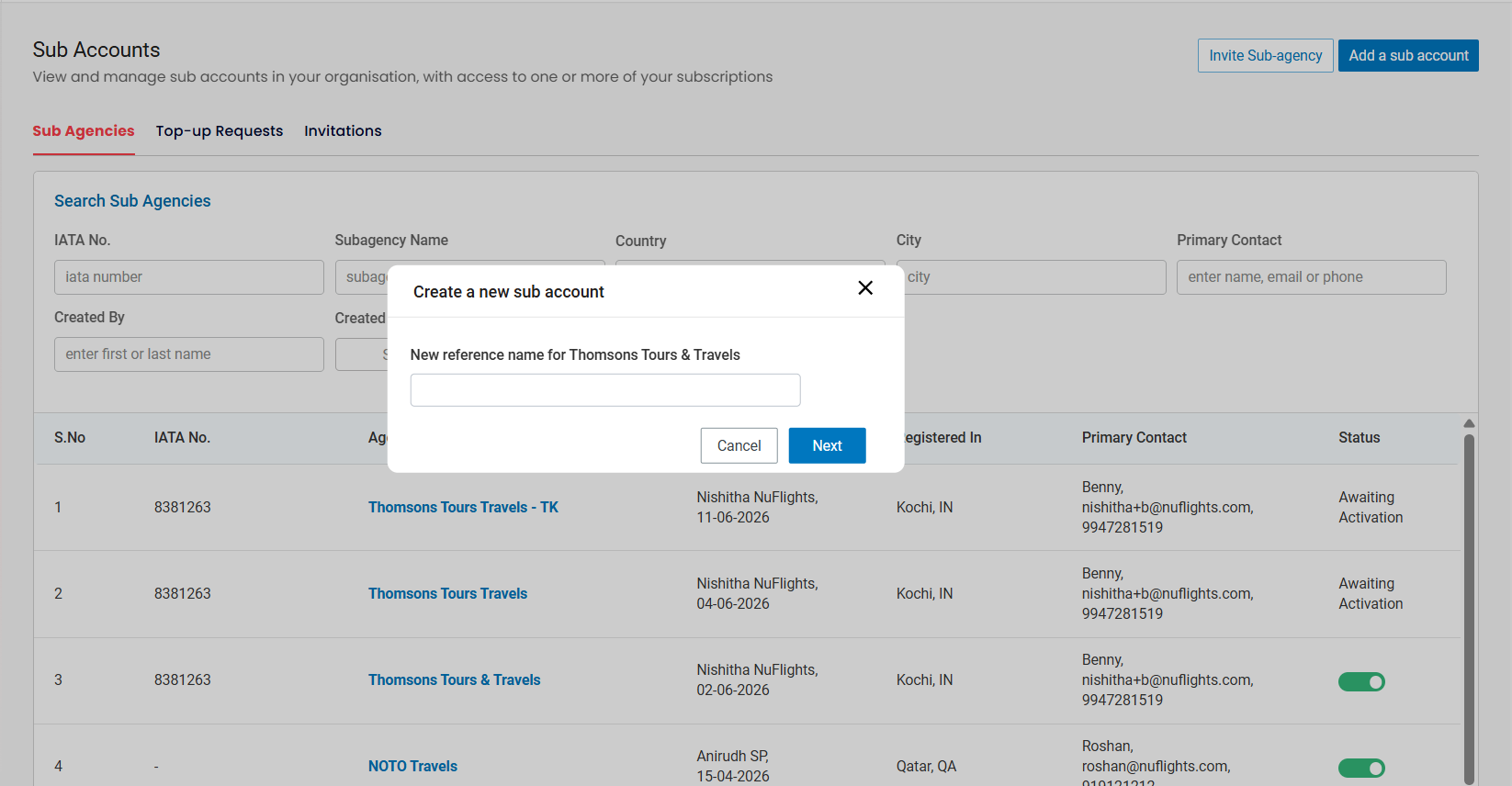 Create new sub account pop-up with the Reference Name field