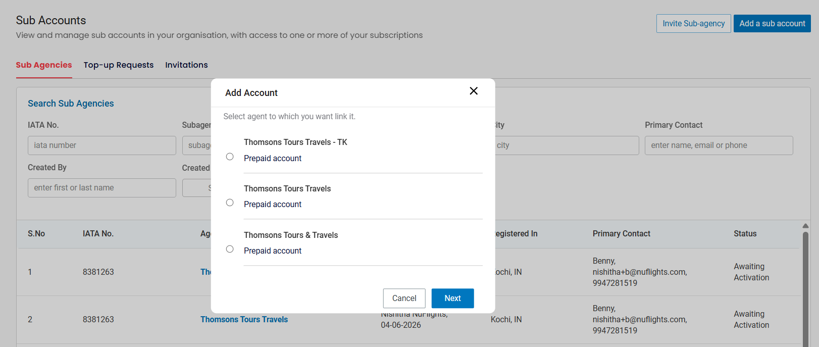 Add Account pop-up listing existing sub account relationships with their account type