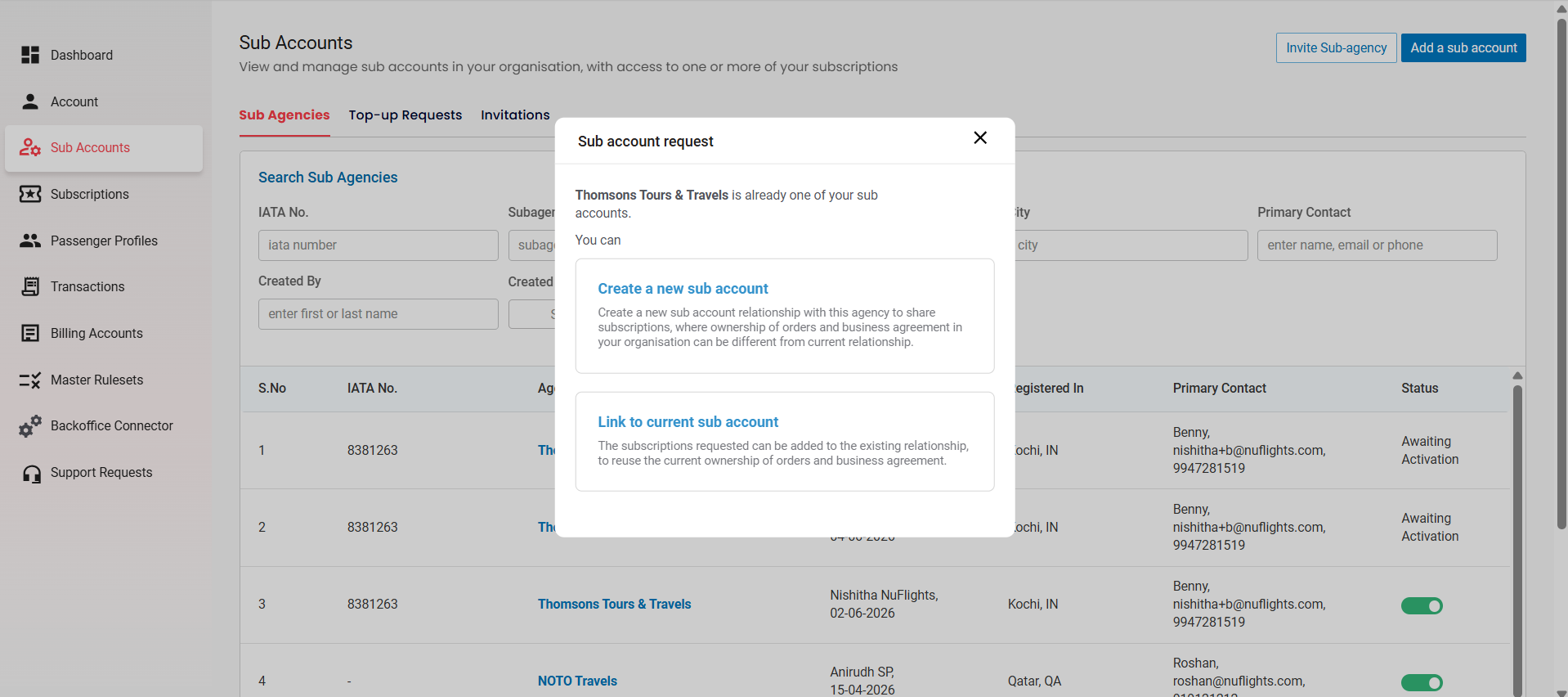 Sub account request pop-up with the options Create a new sub account and Link to current sub account