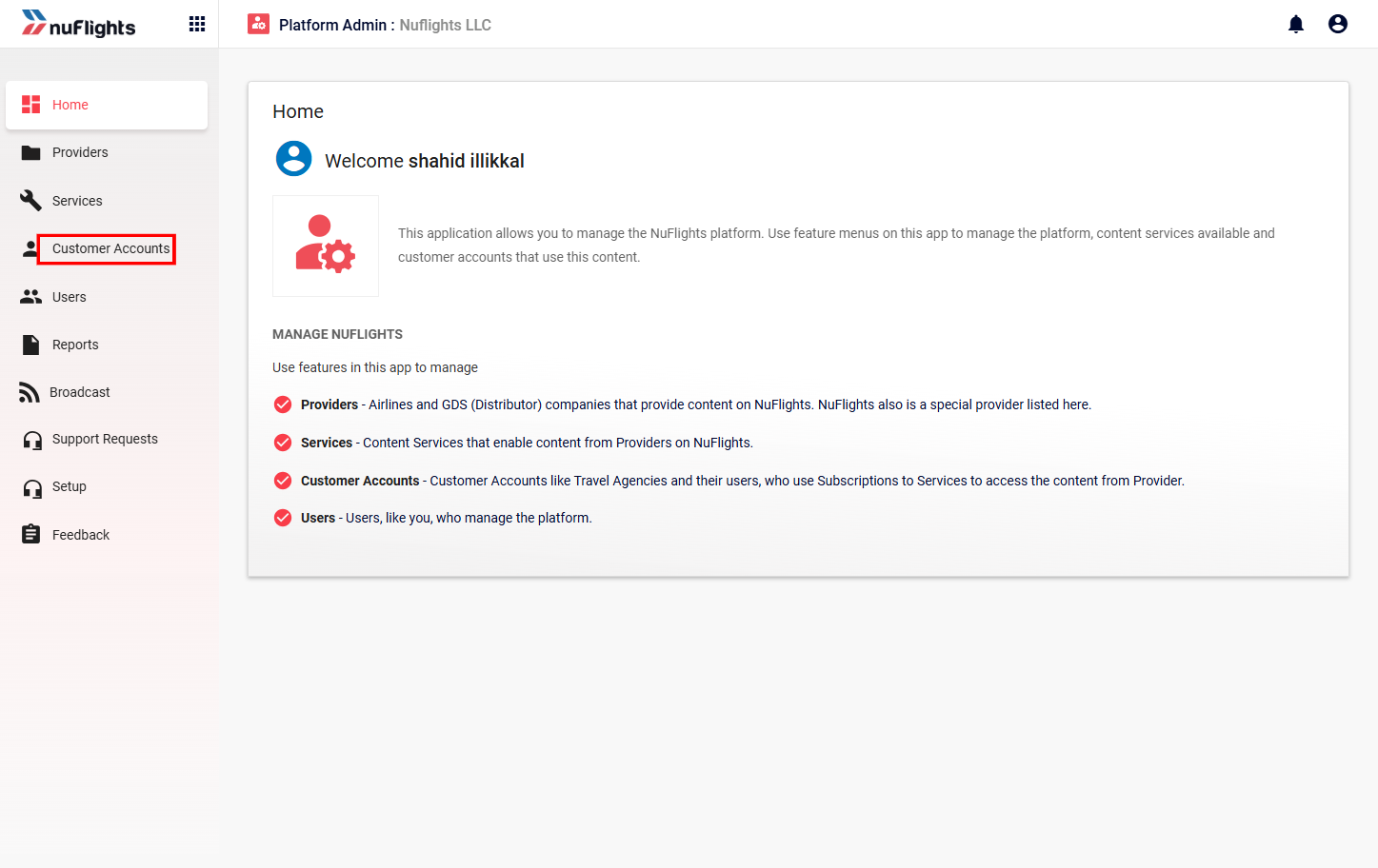 Platform Admin home page with Customer Accounts highlighted in the left menu