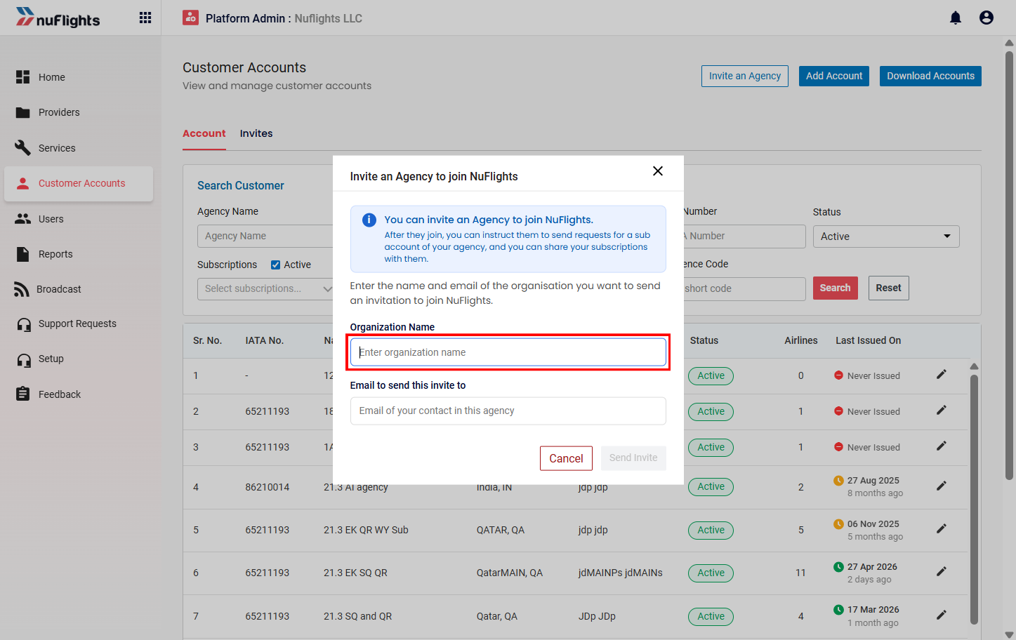 Invite an Agency pop-up form with the Organization Name and Agency Email ID fields