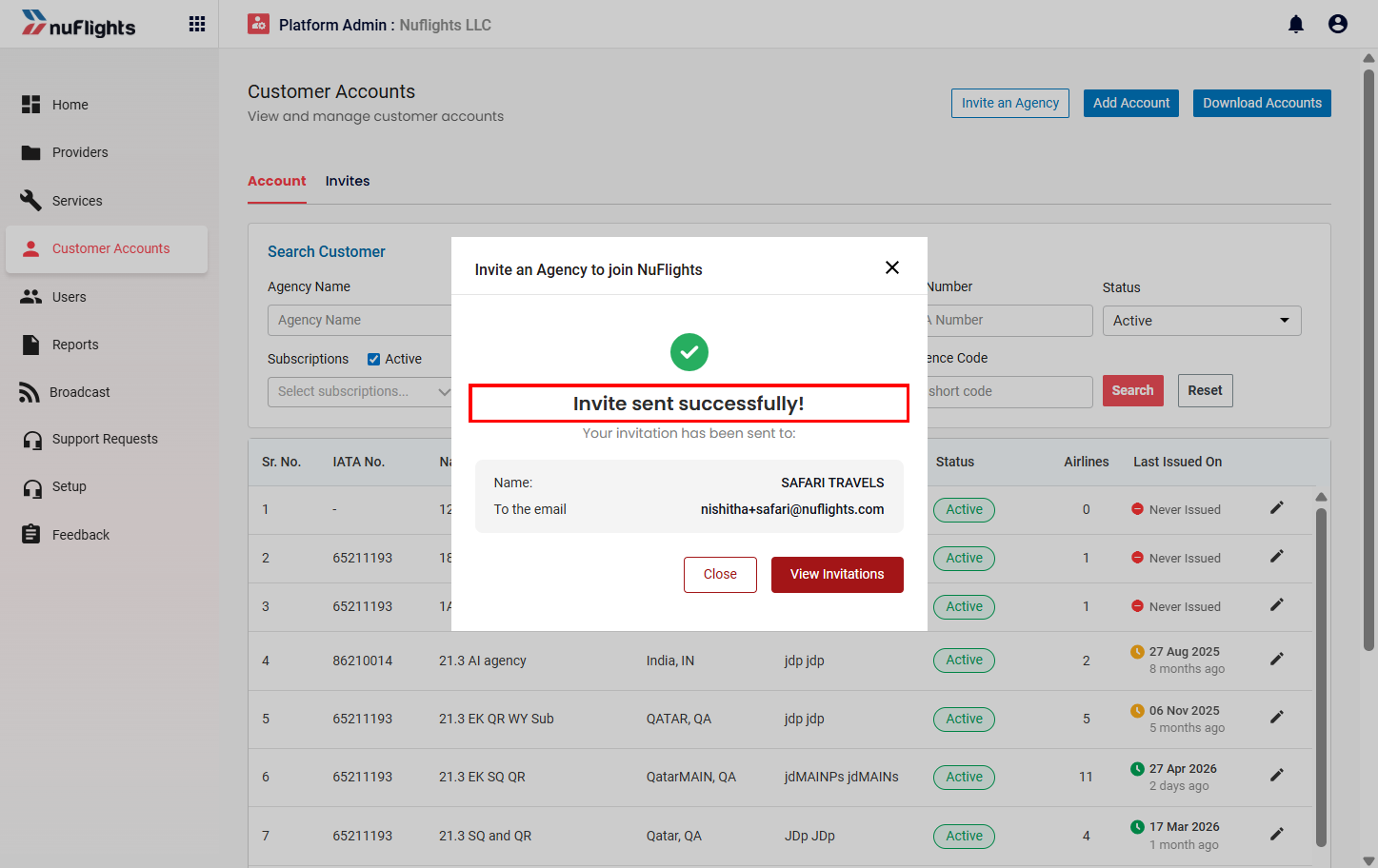 Pop-up saying Invite sent successfully, with the agency name and email, and Close and View Invitations buttons