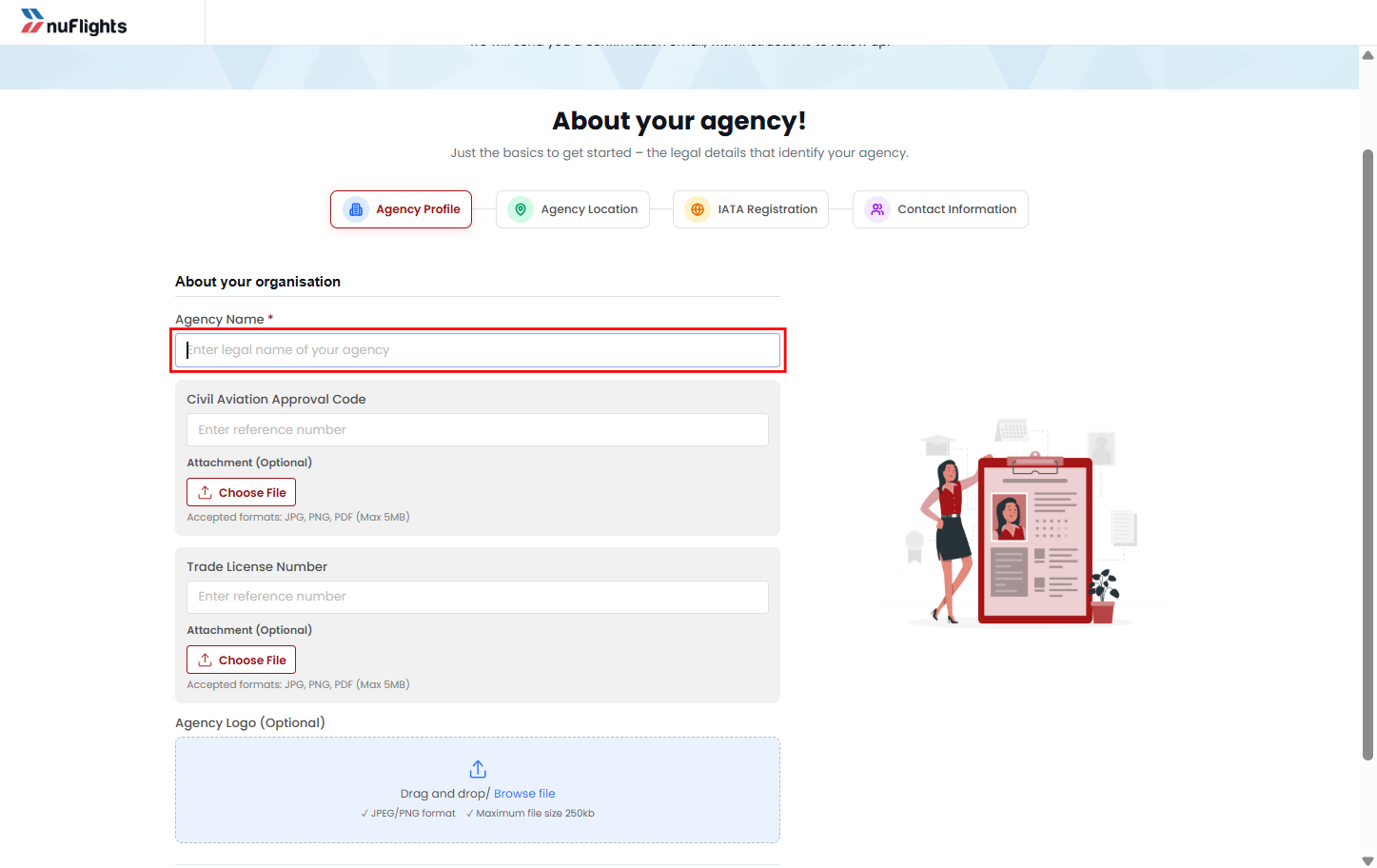 Agency registration form at the Agency Profile step