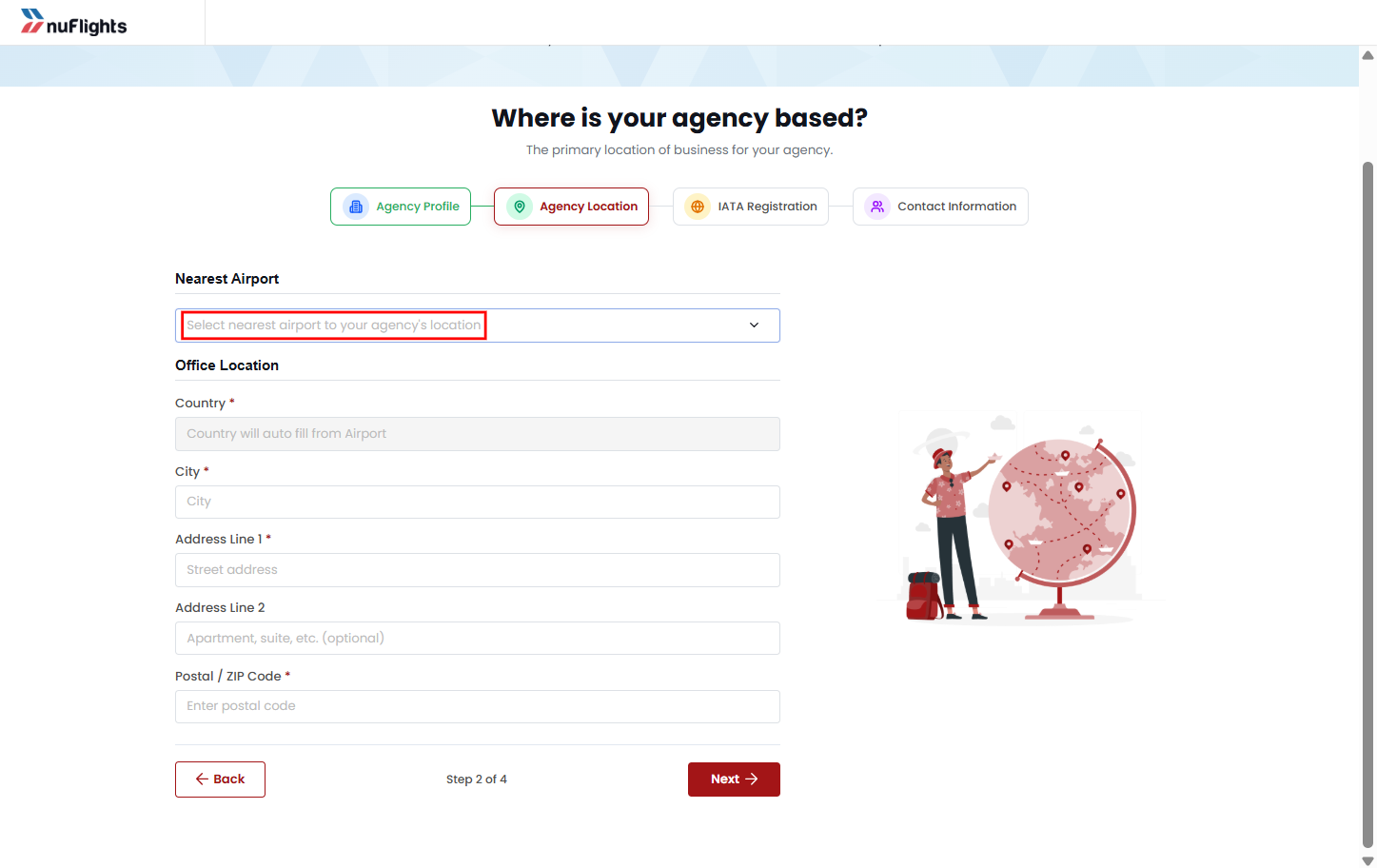 Agency registration form at the Agency Location step