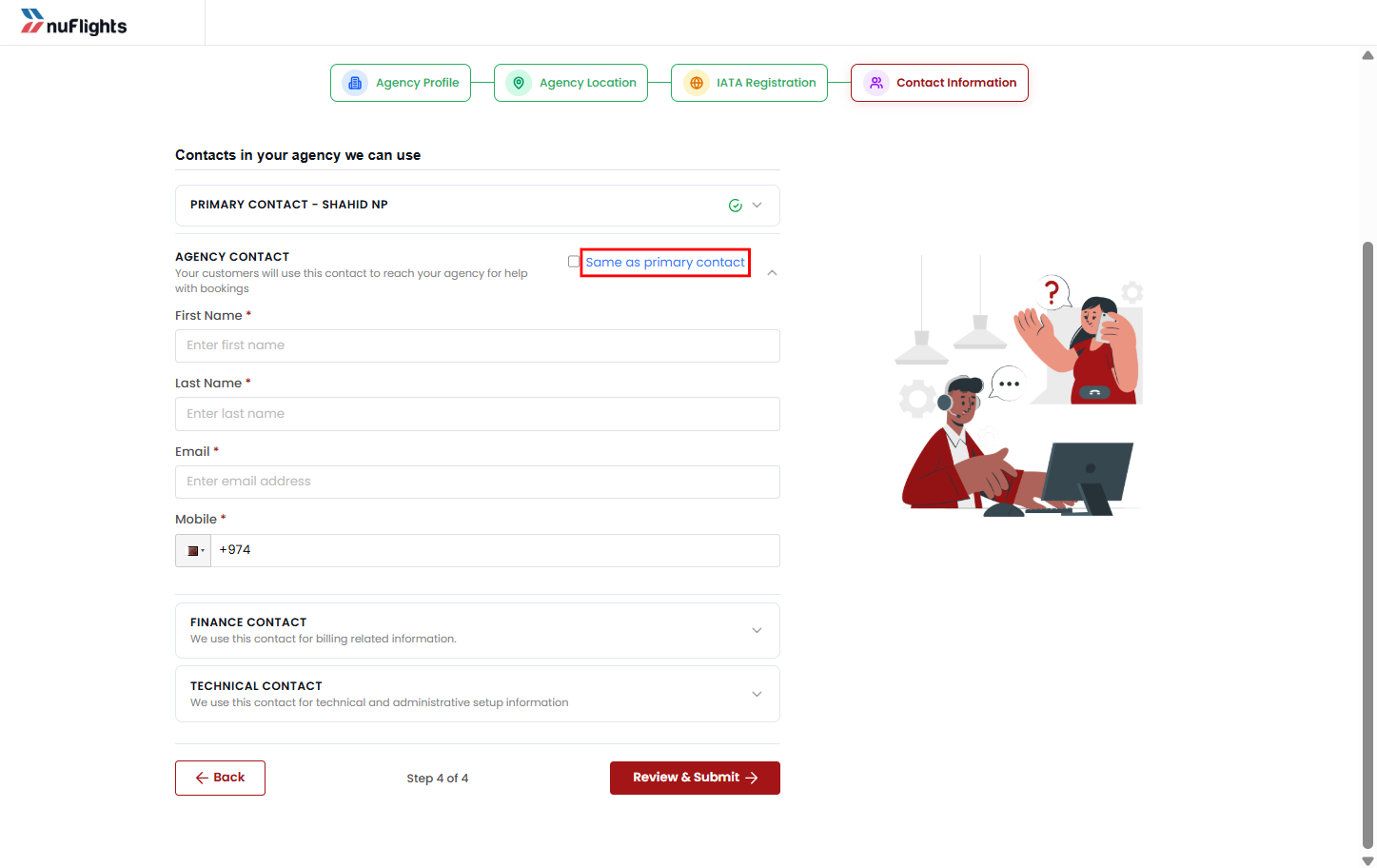 Agency registration form at the Contact Information step with the Same as primary contact option