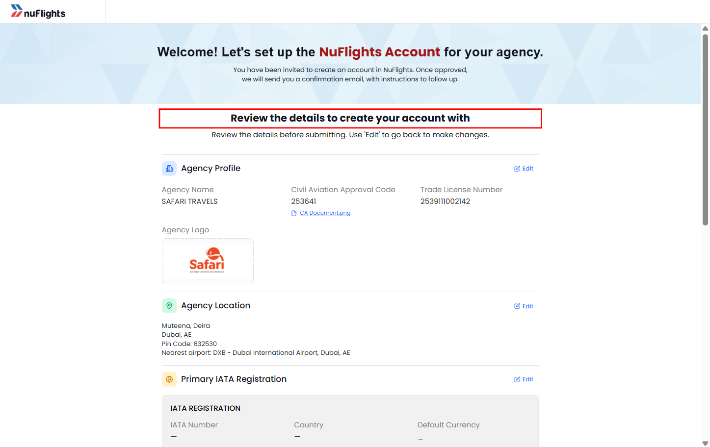 Final review page of the agency registration with the Submit button