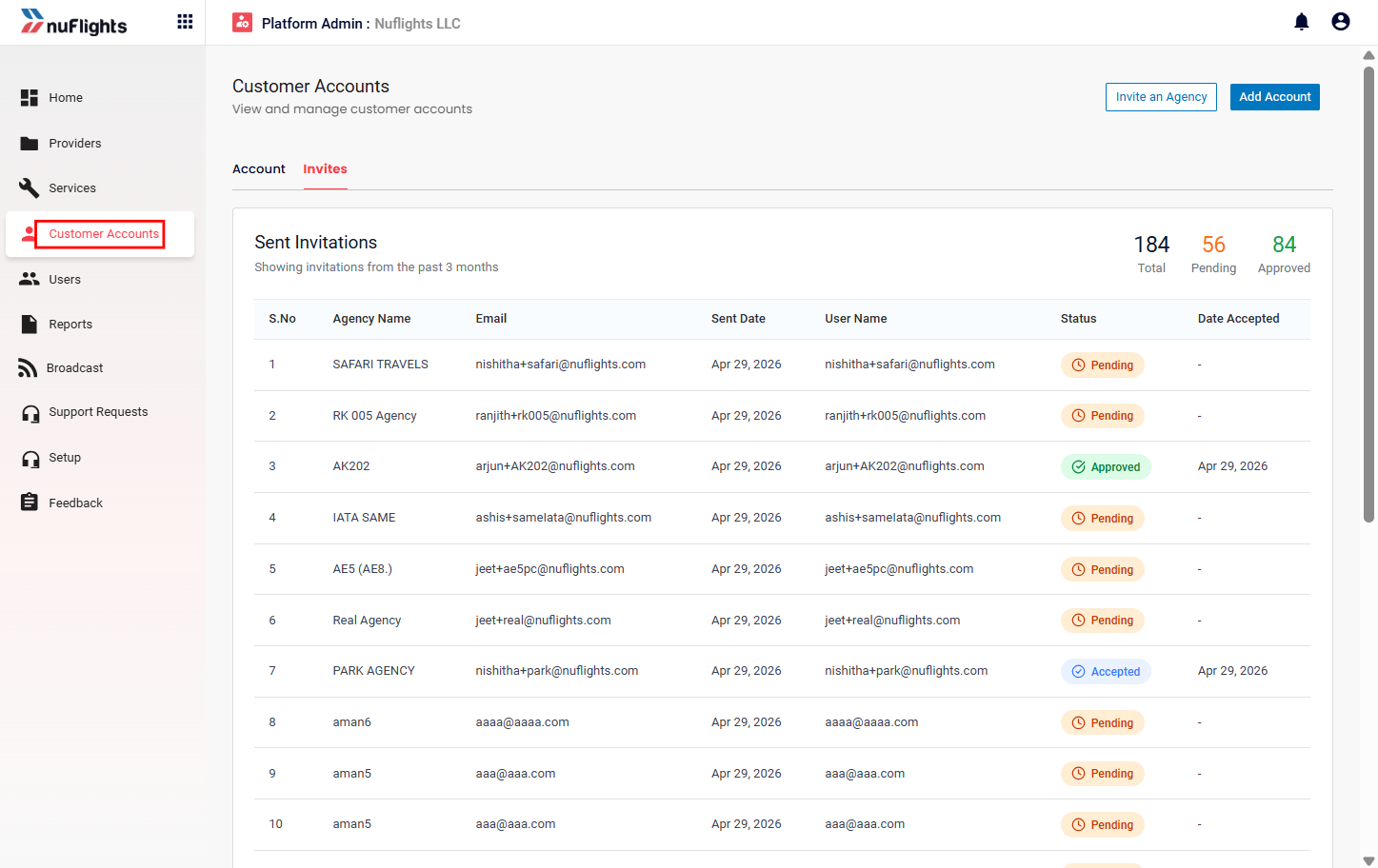 Customer Accounts page on the Invites tab, listing sent invitations with their status