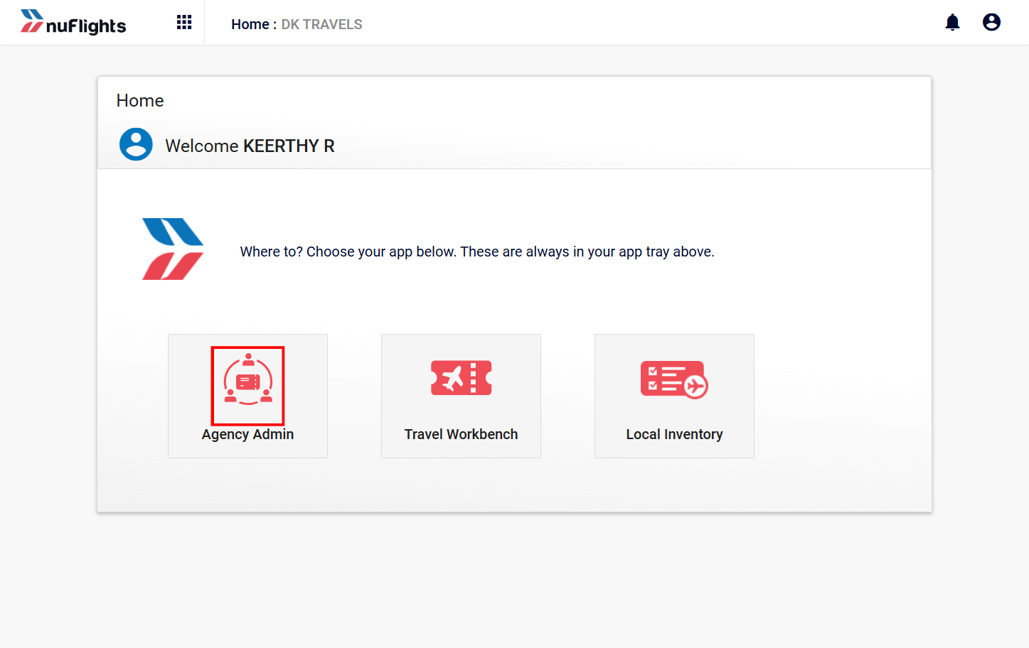 Agency Admin dashboard after logging in to NuFlights