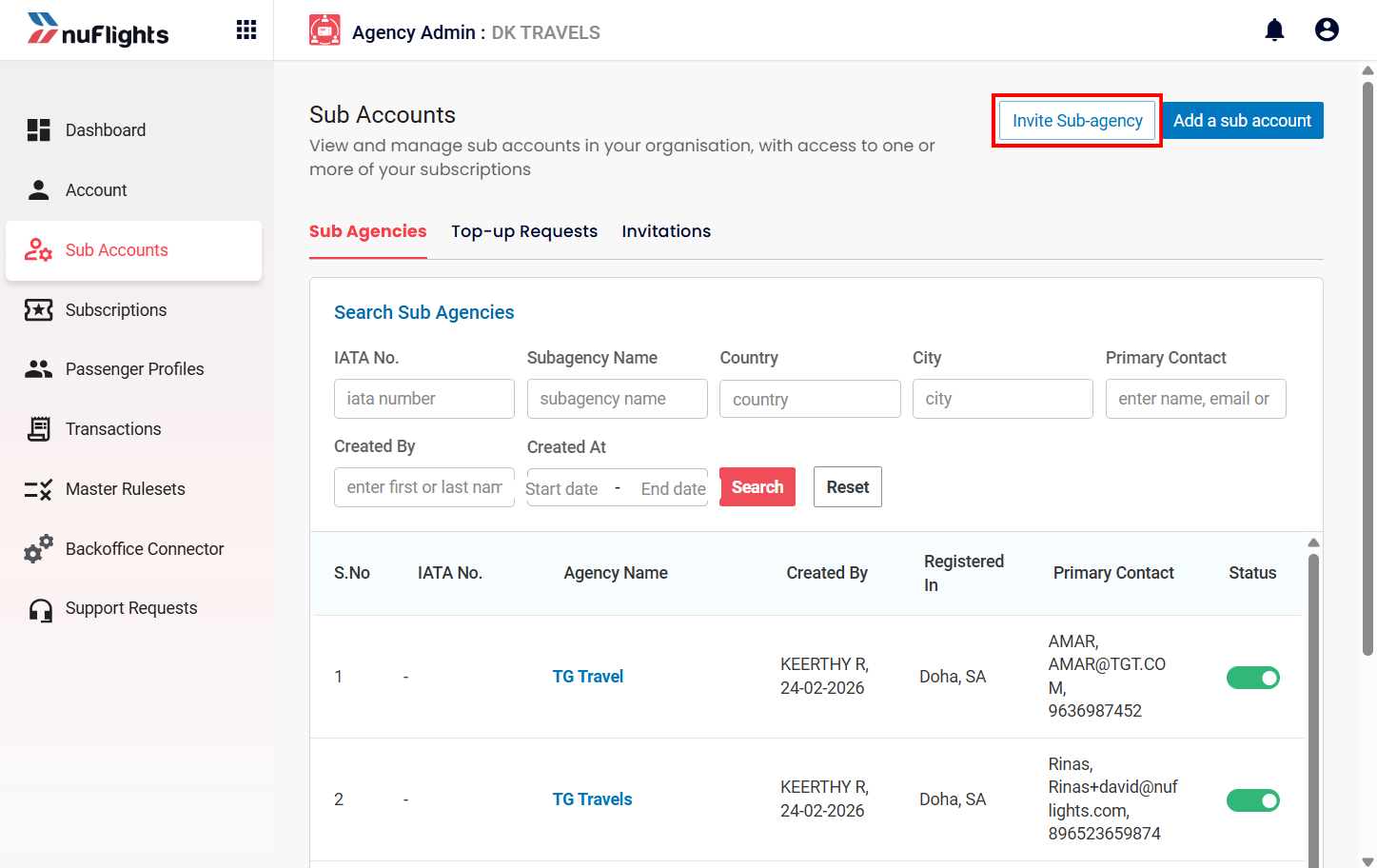 Sub-accounts page with the Invite Sub-agency option highlighted