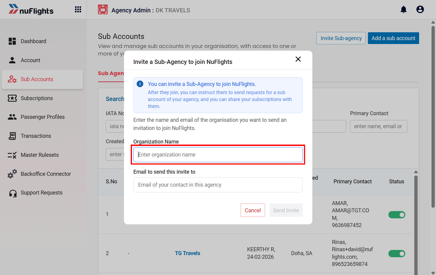 Invite Sub-agency form with the Organization Name and Email ID fields