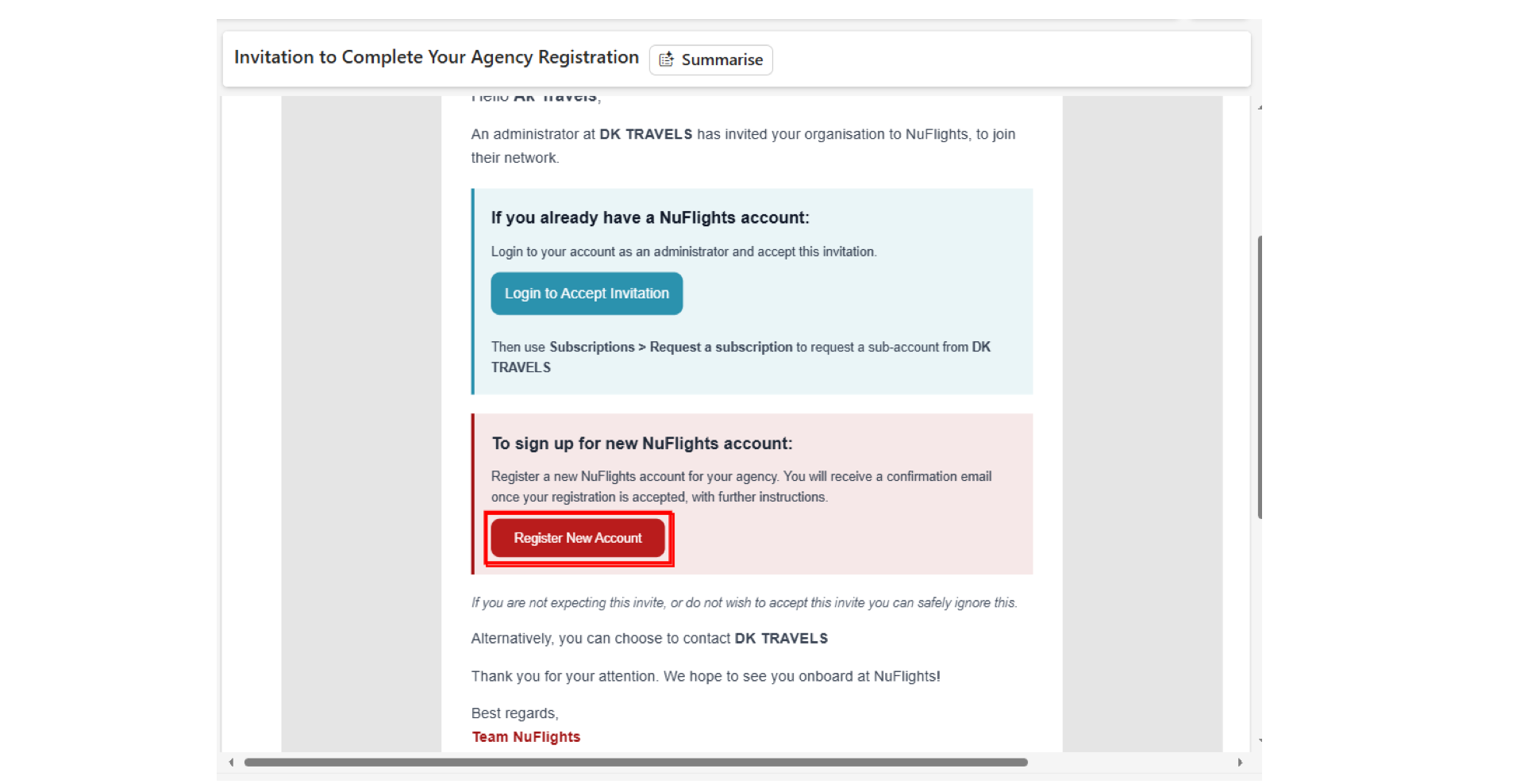 Invitation email sent to the sub-agency, with login and register buttons