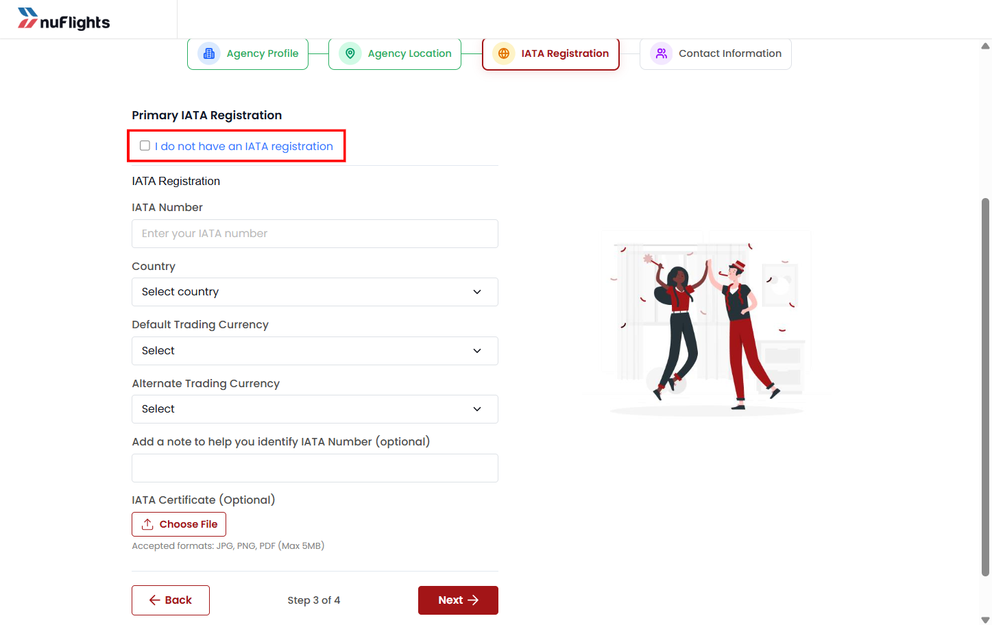 IATA Registration section of the registration form with the I don't have an IATA number option