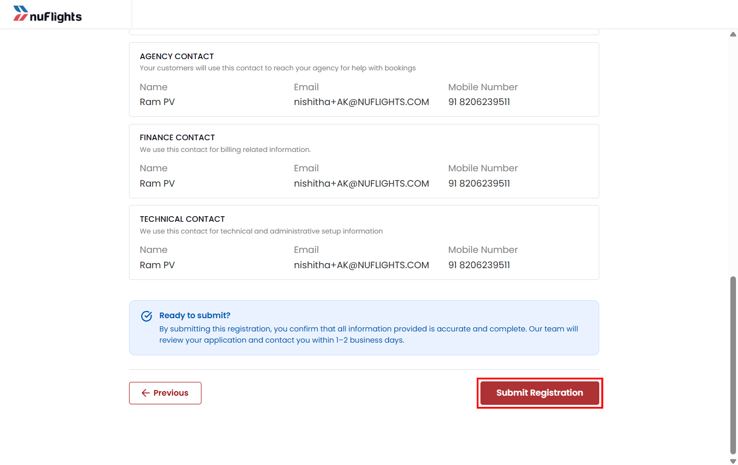 Review of the registration details before submitting