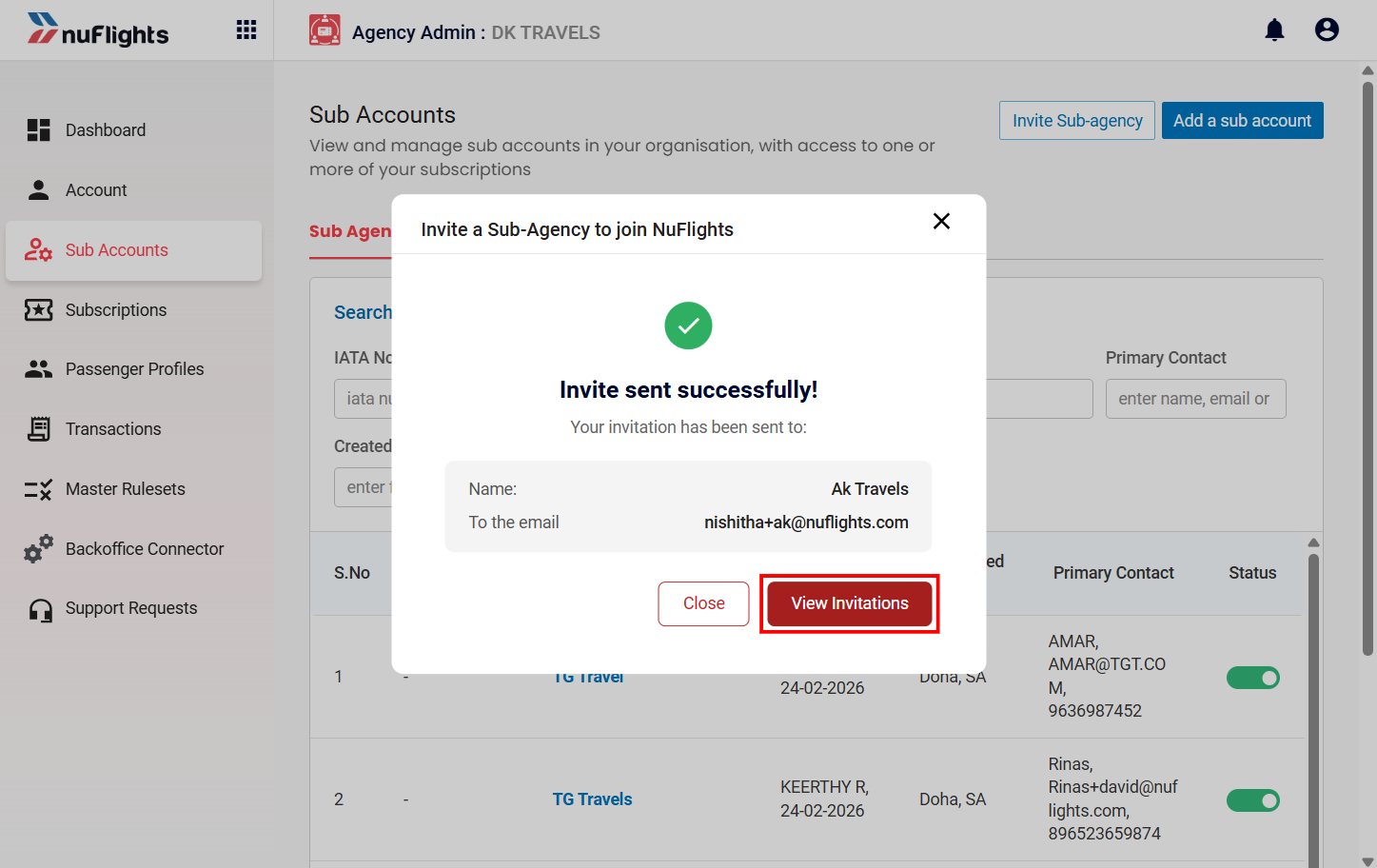 Success message confirming the sub-agency invitation was sent