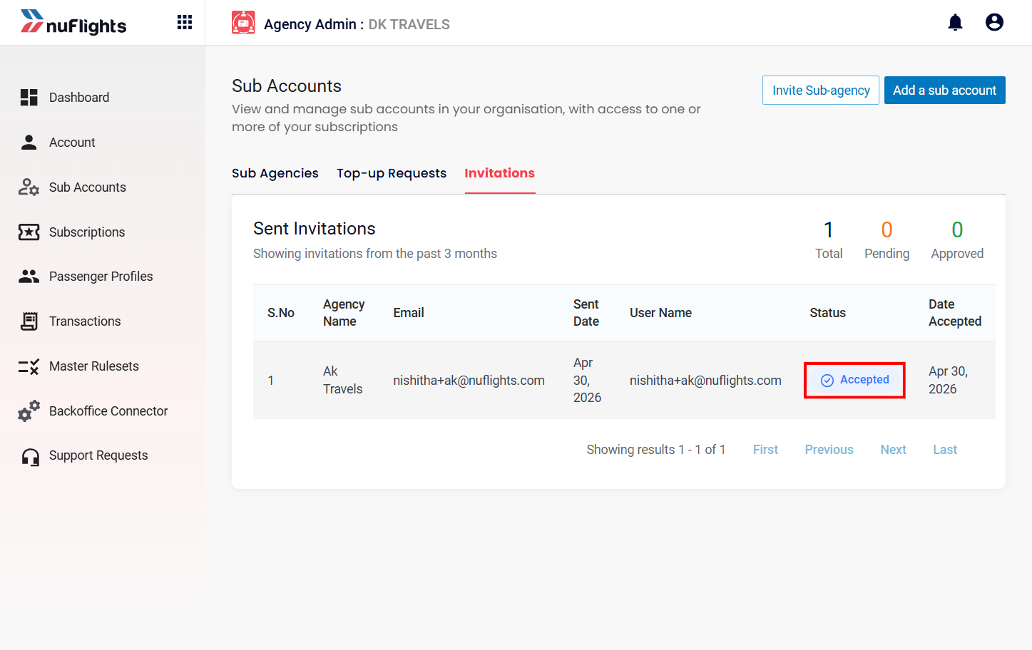 Sub-accounts page with the sub-agency status showing Pending Approval
