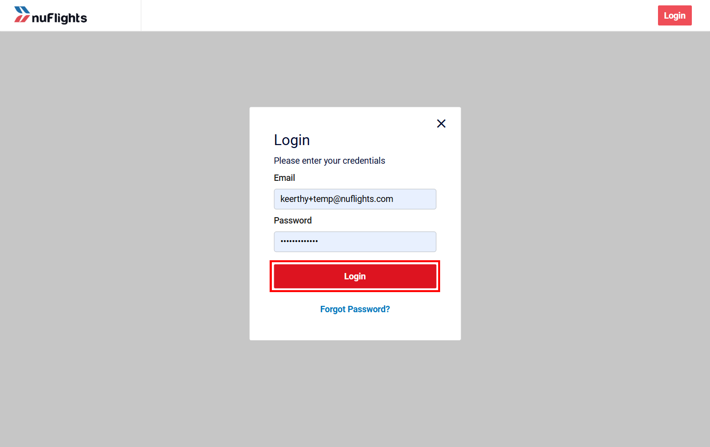 NuFlights login page