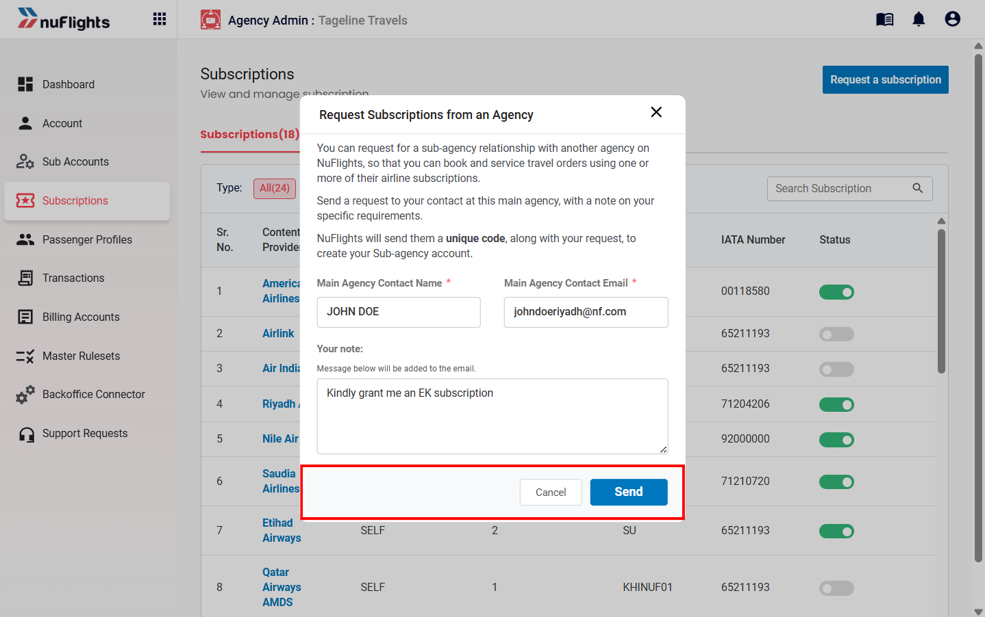 Request pop-up filled in with the main agency contact name, email and a note
