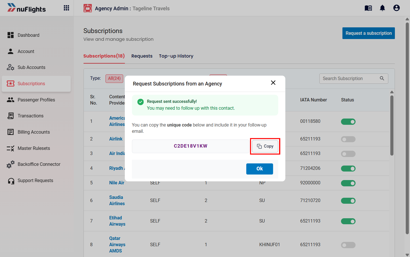 Confirmation pop-up showing the generated request code
