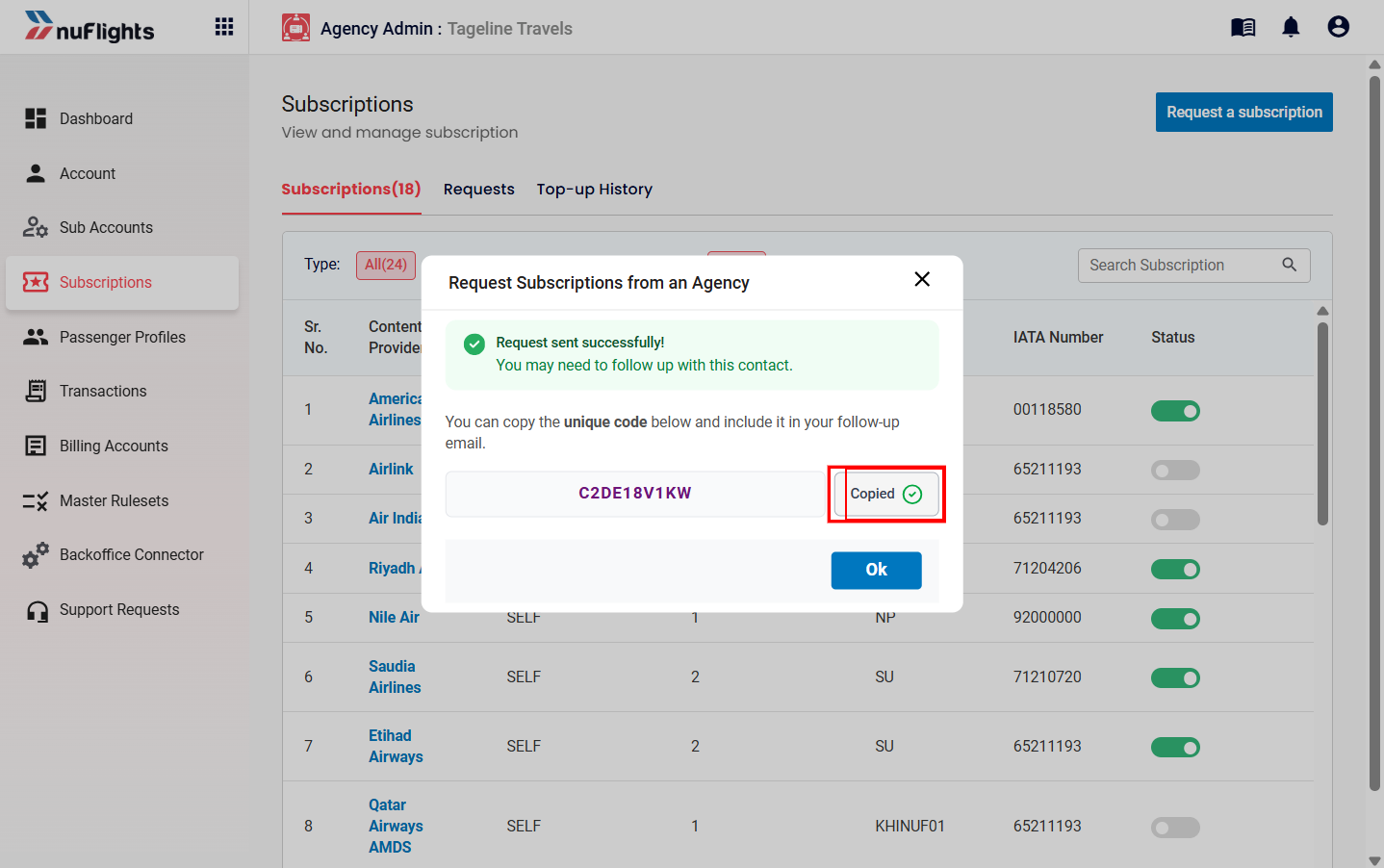 Confirmation pop-up with the copy option next to the request code