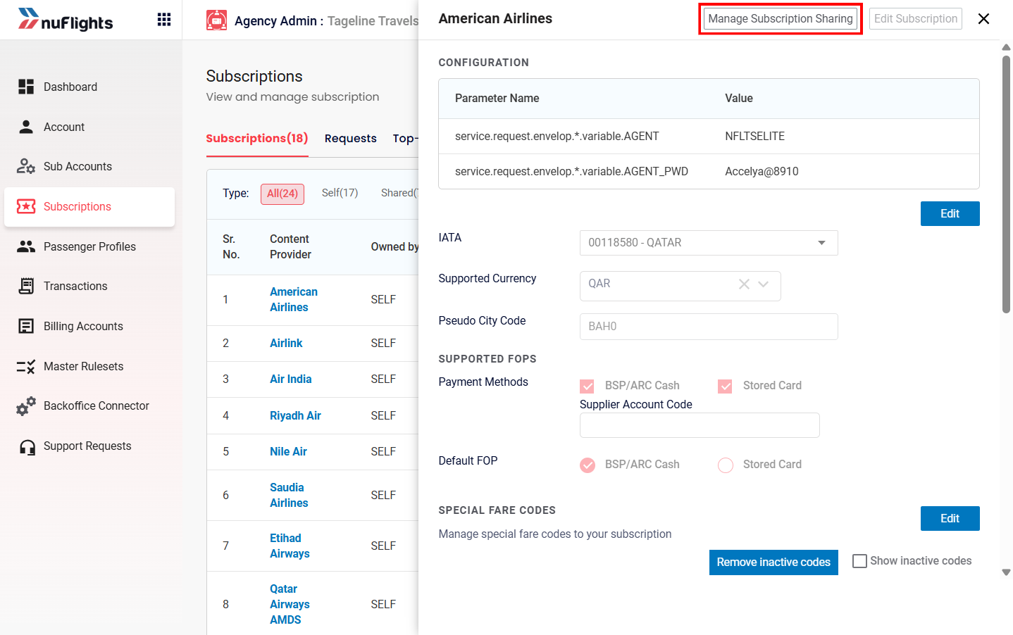 Subscription details pop-up with the Manage Sharing button
