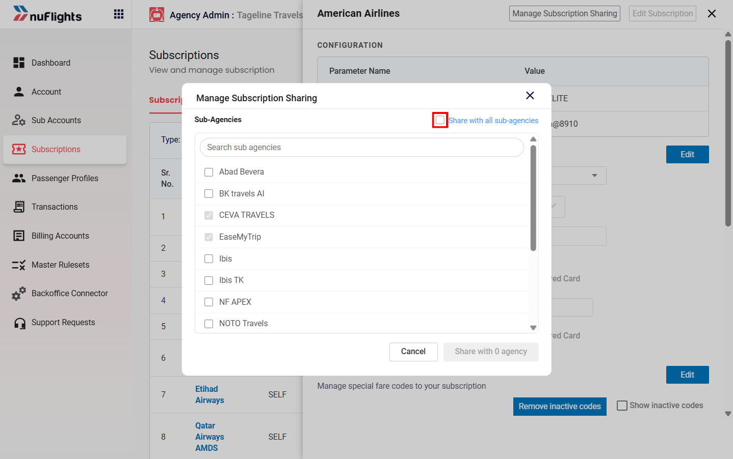 Manage Sharing window listing the sub-agencies not yet assigned the subscription