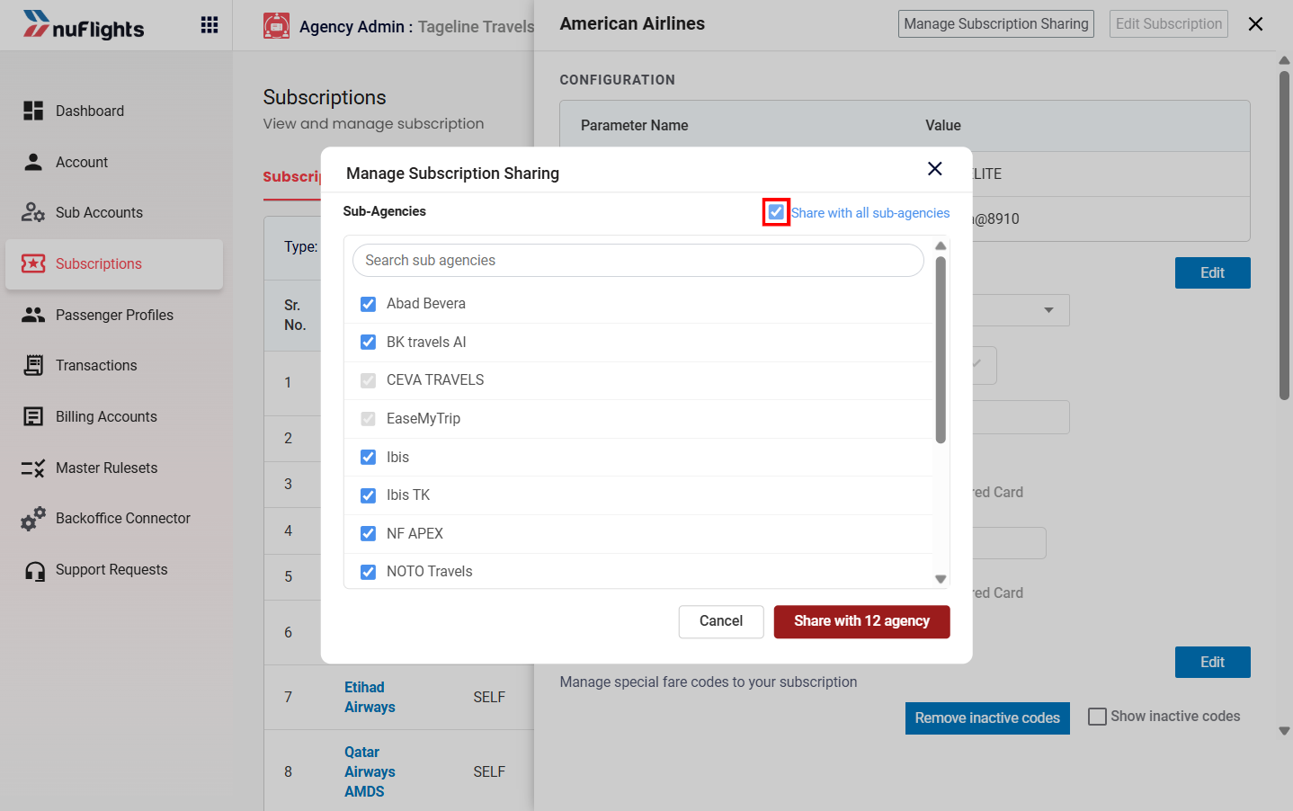 Manage Sharing window with the Select All checkbox checked