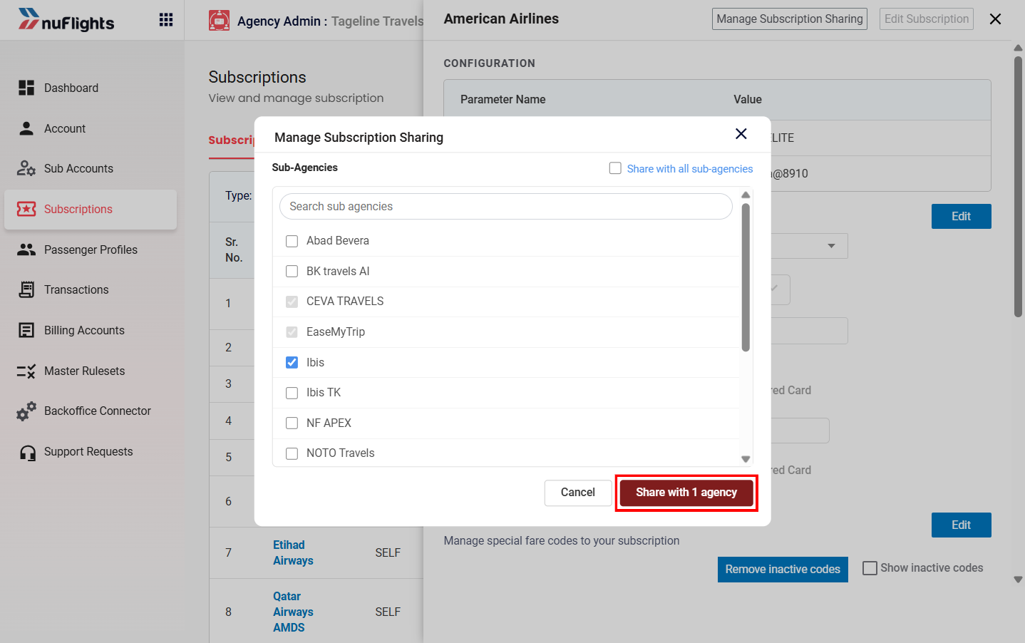 Manage Sharing window with some sub-agencies checked