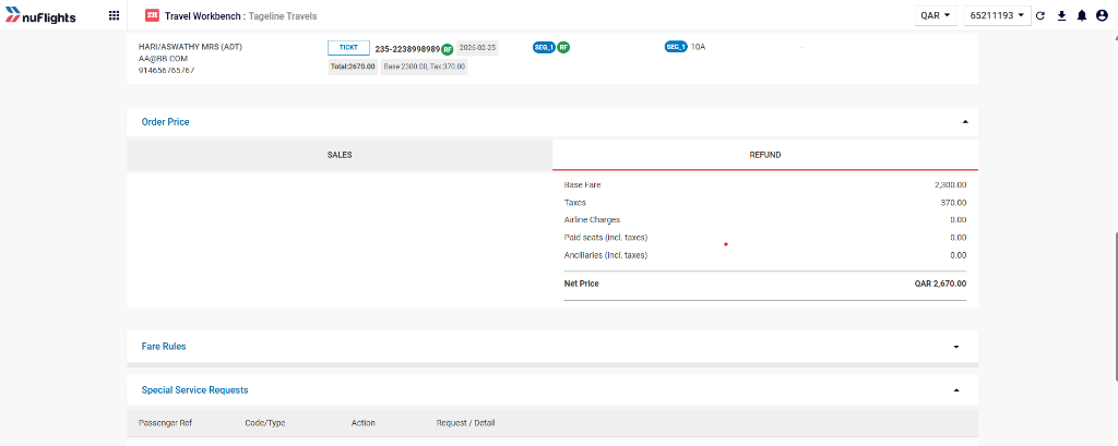 Refund tab in Order Price section showing refund breakdown