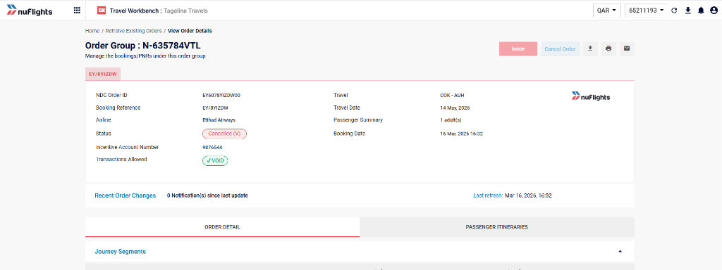 Order View showing status 'Cancelled (V)' and Transactions Allowed as 'VOID'